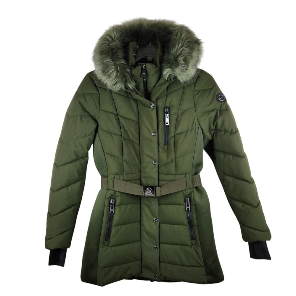 Michael Kors Womens Hooded Puffer Jacket with Faux Fur Trim and Belt